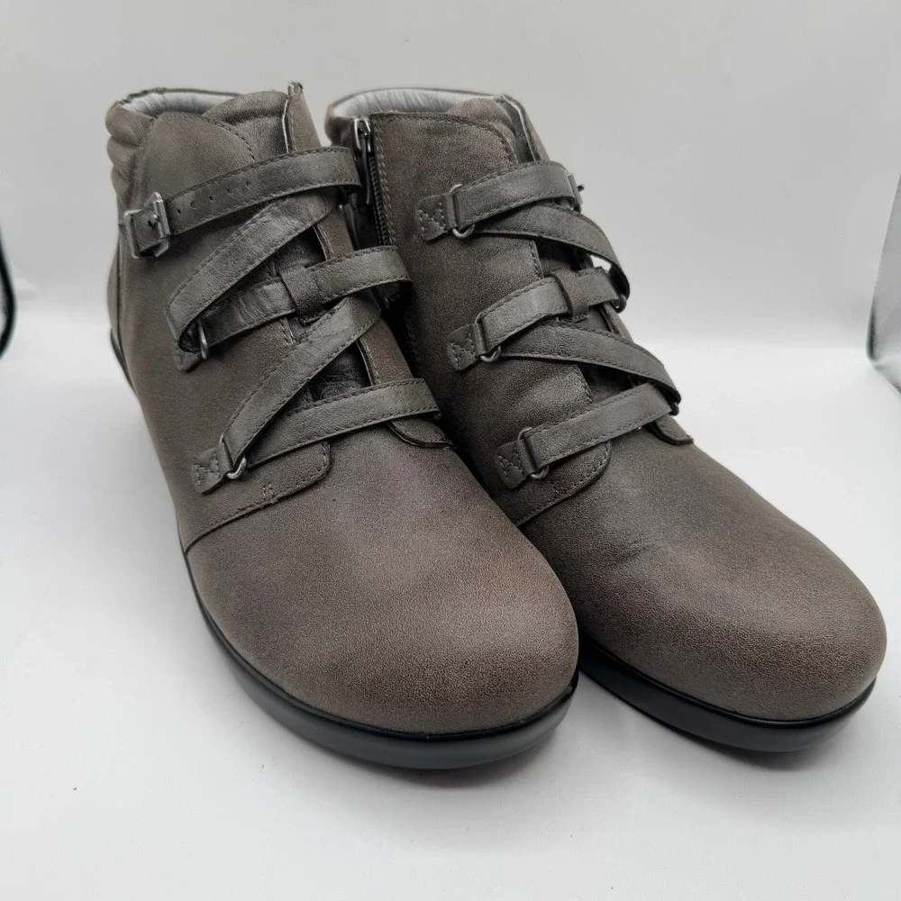 Alegria Ankle Boots Women 42 Gray Leather Multi Strap Buckle IND-643 Side Zip